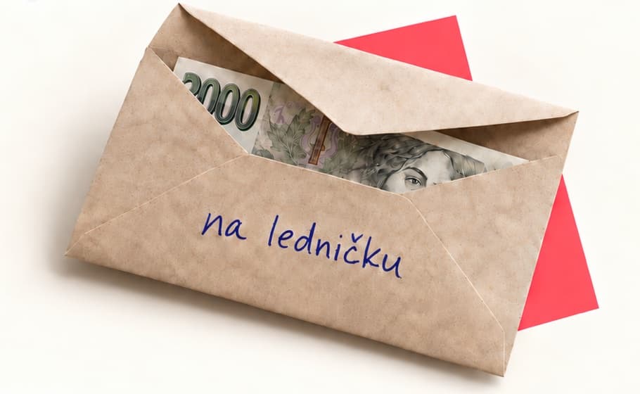 Obálka s bankovkami a nápisem na ledničku